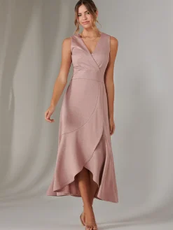 Jolie Moi Occasion Dresses|Sleeveless Dresses-Wrap Frill Hem Maxi Dress, Dusty Pink