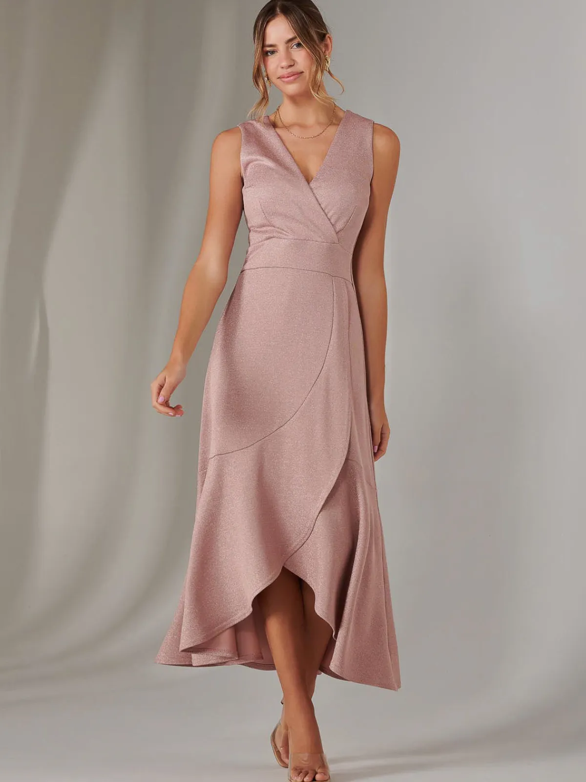 Jolie Moi Occasion Dresses|Sleeveless Dresses-Wrap Frill Hem Maxi Dress, Dusty Pink