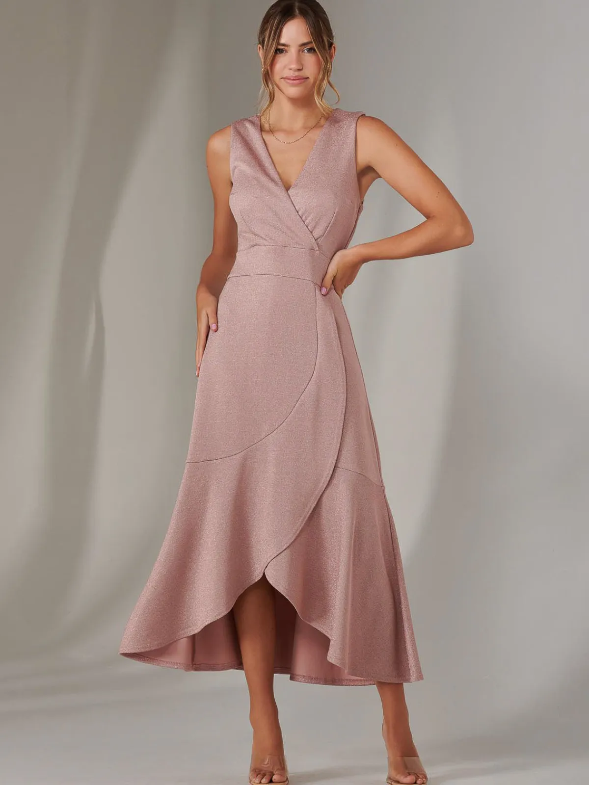 Jolie Moi Occasion Dresses|Sleeveless Dresses-Wrap Frill Hem Maxi Dress, Dusty Pink