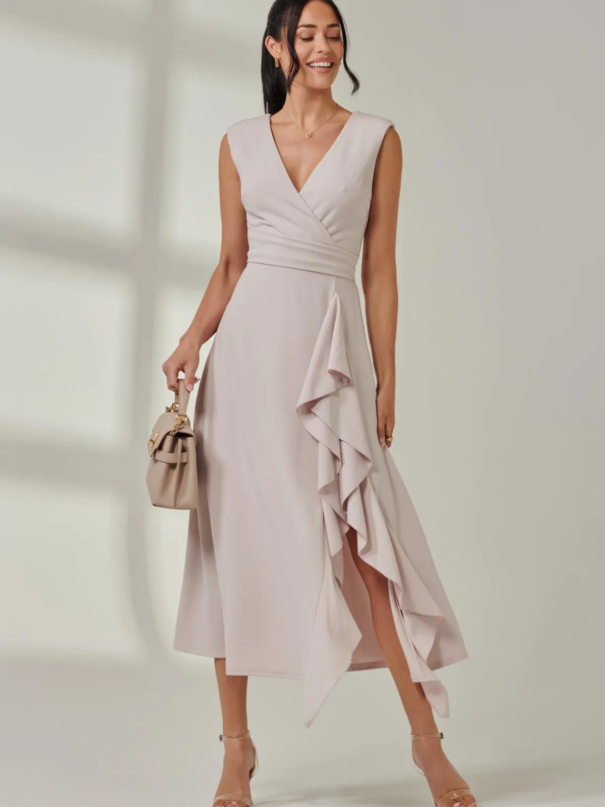 Jolie Moi Occasion Dresses|Sleeveless Dresses-Wrap Front Frill Detail Maxi Dress, Dove