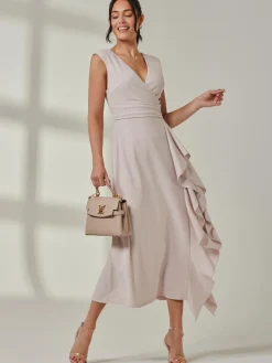 Jolie Moi Occasion Dresses|Sleeveless Dresses-Wrap Front Frill Detail Maxi Dress, Dove