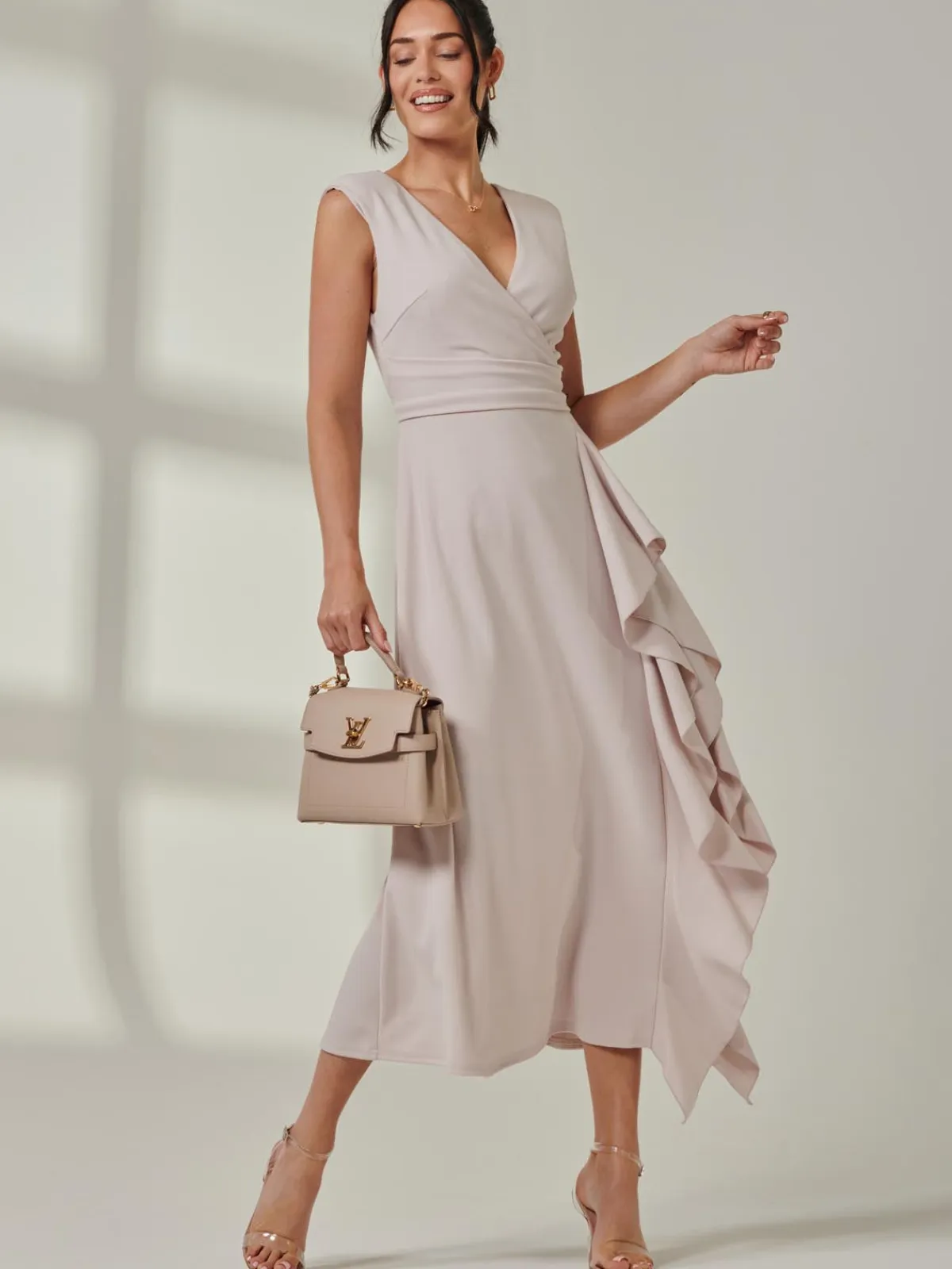 Jolie Moi Occasion Dresses|Sleeveless Dresses-Wrap Front Frill Detail Maxi Dress, Dove