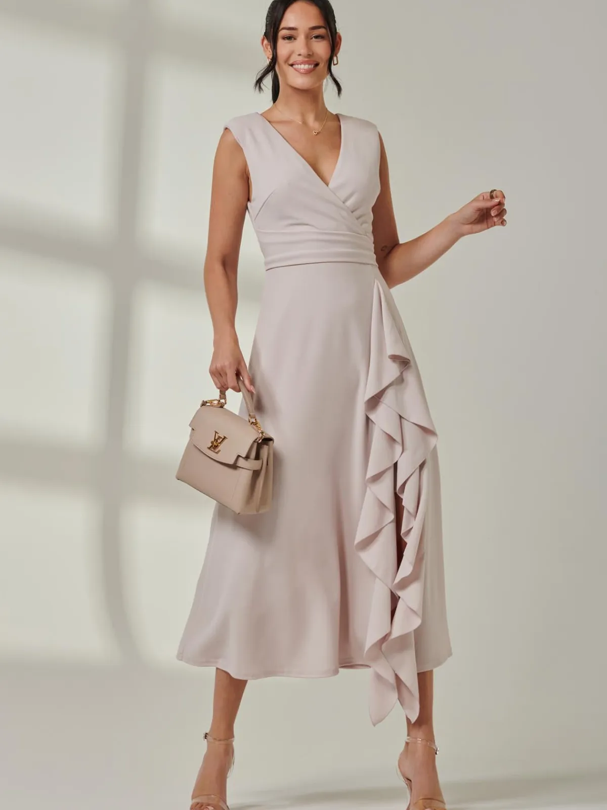 Jolie Moi Occasion Dresses|Sleeveless Dresses-Wrap Front Frill Detail Maxi Dress, Dove
