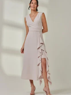 Jolie Moi Occasion Dresses|Sleeveless Dresses-Wrap Front Frill Detail Maxi Dress, Dove