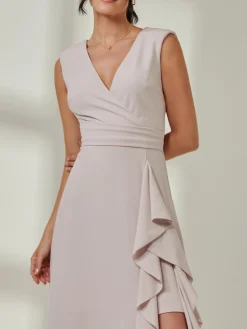 Jolie Moi Occasion Dresses|Sleeveless Dresses-Wrap Front Frill Detail Maxi Dress, Dove