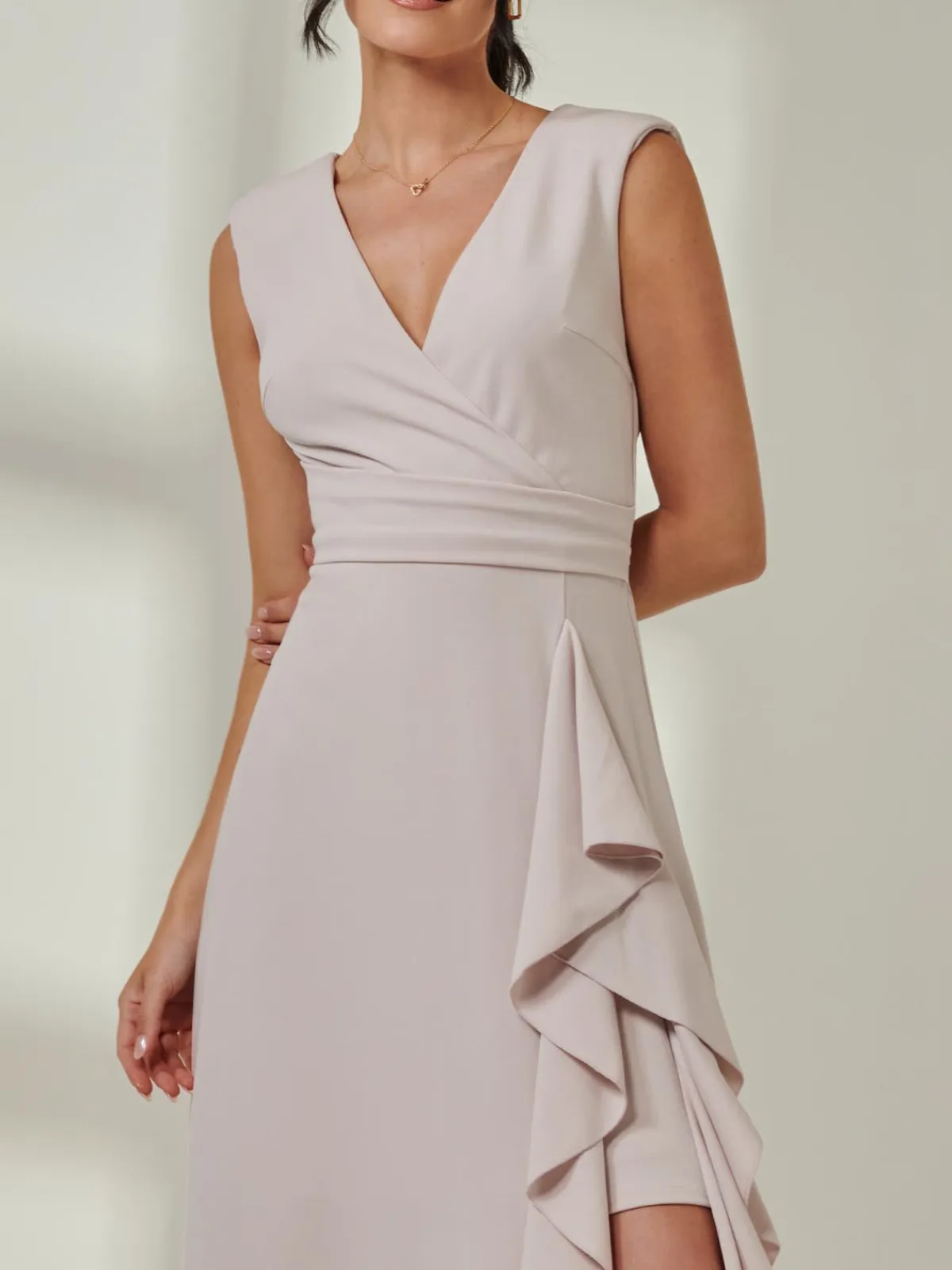 Jolie Moi Occasion Dresses|Sleeveless Dresses-Wrap Front Frill Detail Maxi Dress, Dove