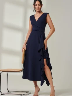 Jolie Moi Mother Of The Bride|Sleeveless Dresses-Wrap Front Frill Detail Maxi Dress, Navy
