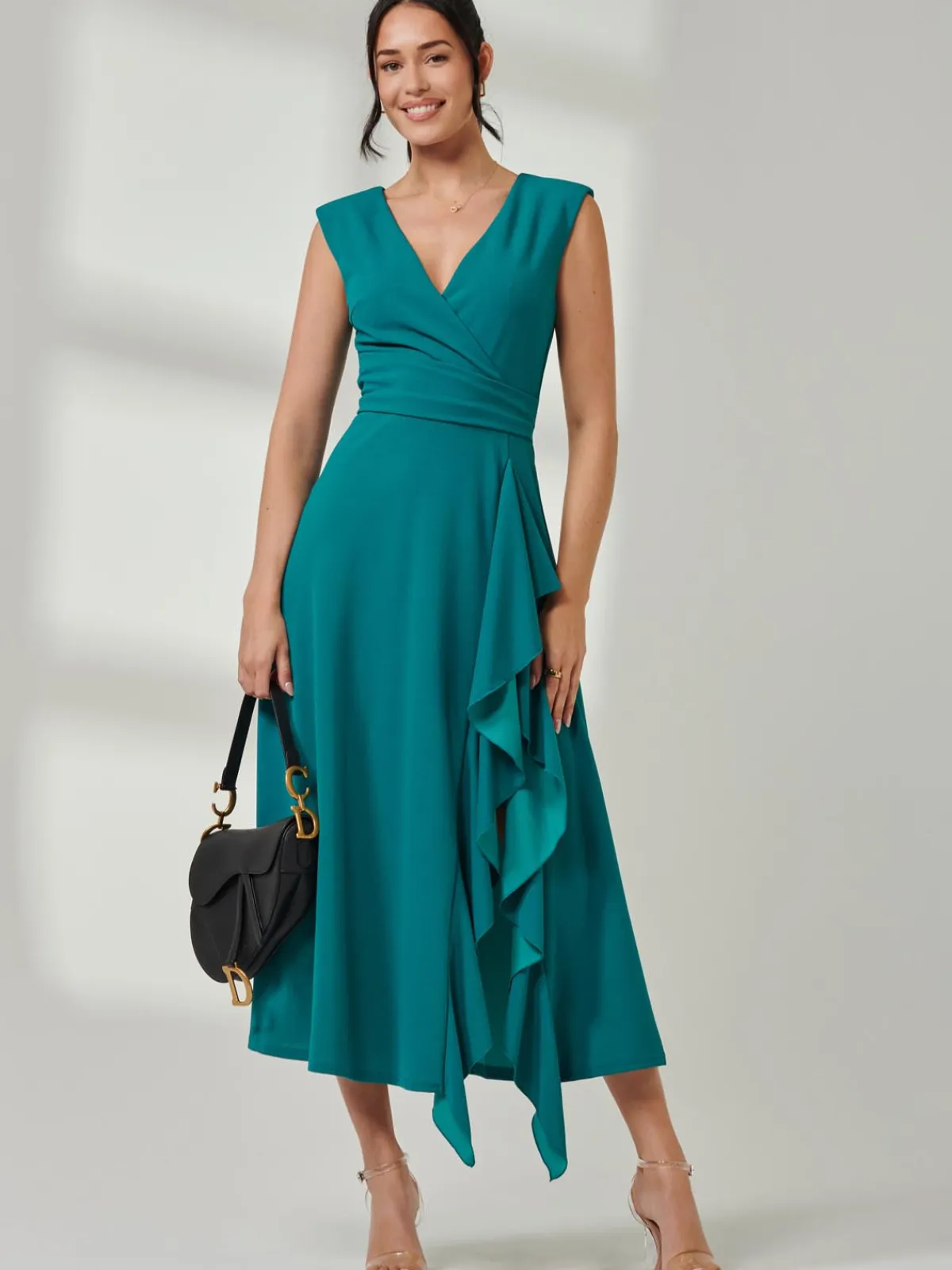 Jolie Moi Mother Of The Bride|Sleeveless Dresses-Wrap Front Frill Detail Maxi Dress, Teal