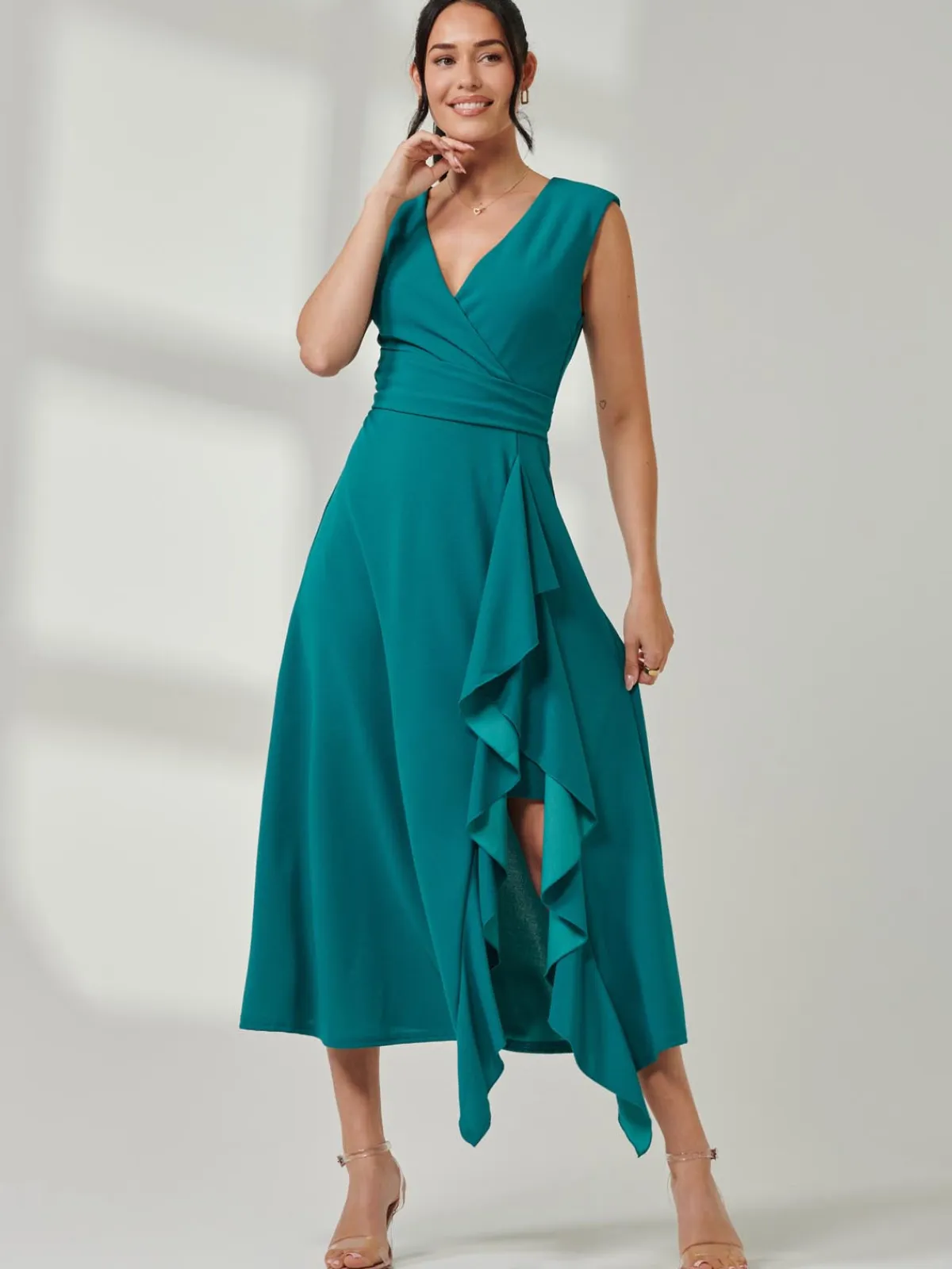 Jolie Moi Mother Of The Bride|Sleeveless Dresses-Wrap Front Frill Detail Maxi Dress, Teal