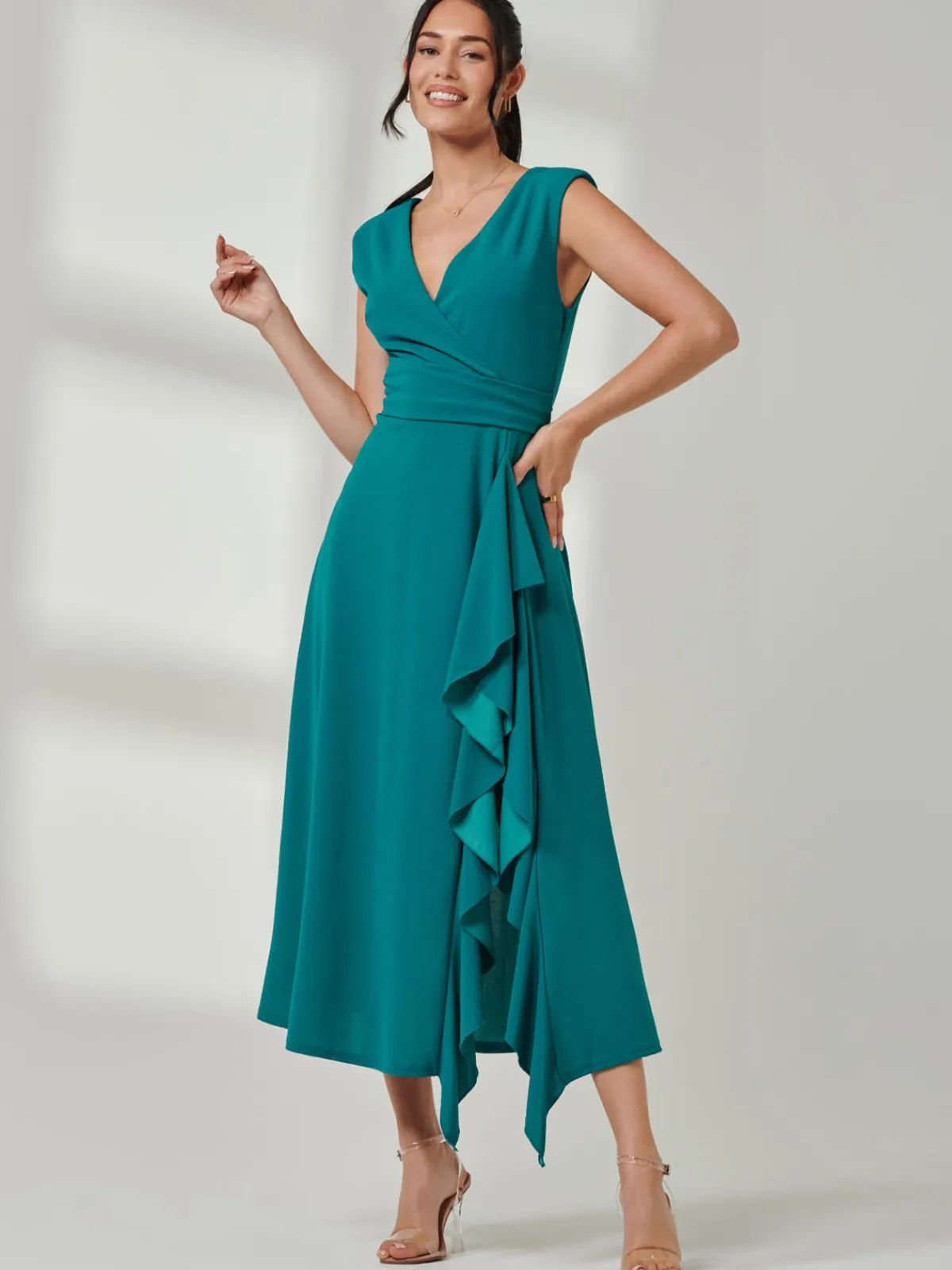 Jolie Moi Mother Of The Bride|Sleeveless Dresses-Wrap Front Frill Detail Maxi Dress, Teal