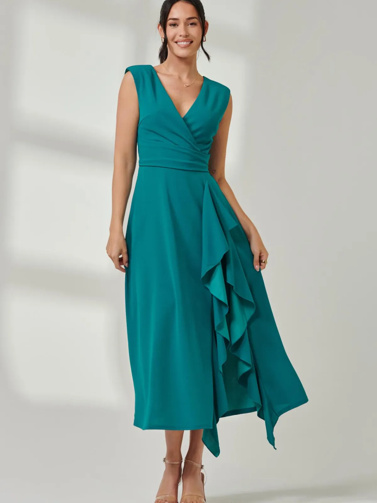 Jolie Moi Mother Of The Bride|Sleeveless Dresses-Wrap Front Frill Detail Maxi Dress, Teal