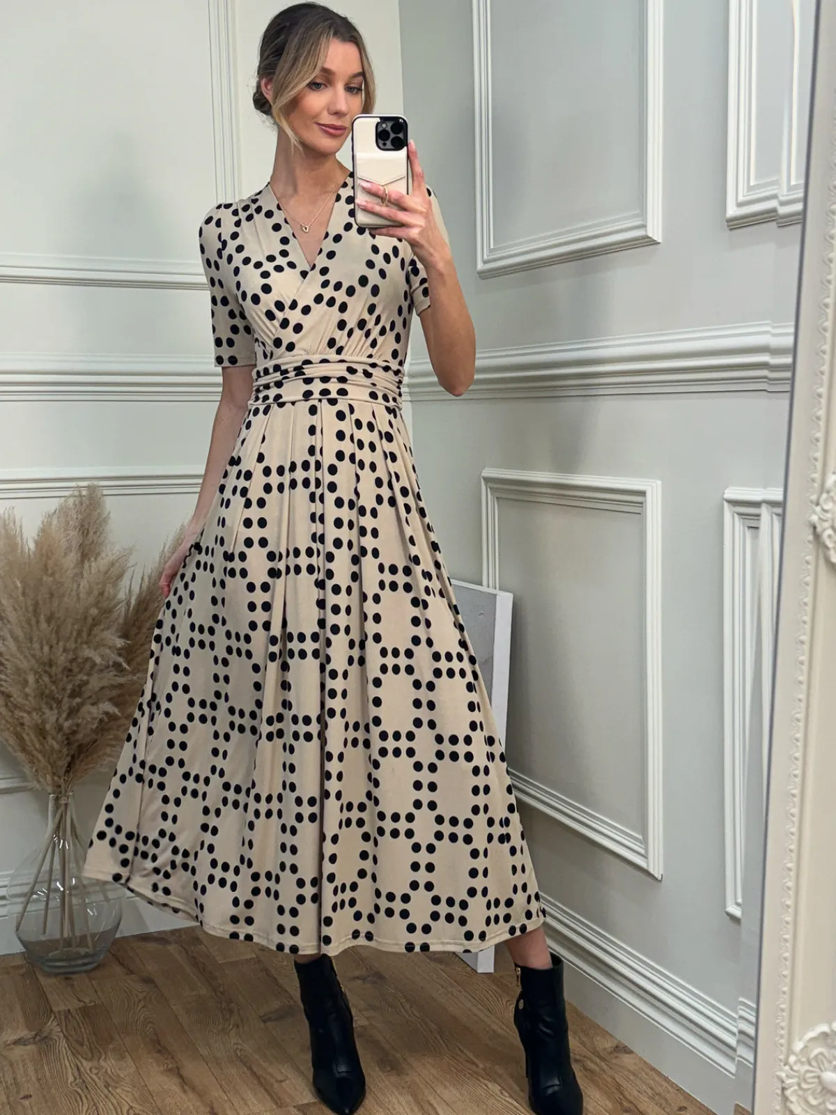 Jolie Moi Occasion Dresses|Jersey Dresses-Wrap Front Jersey Maxi Dress, Beige Spot