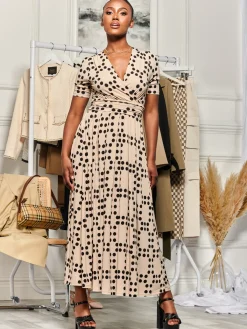 Jolie Moi Occasion Dresses|Jersey Dresses-Wrap Front Jersey Maxi Dress, Beige Spot