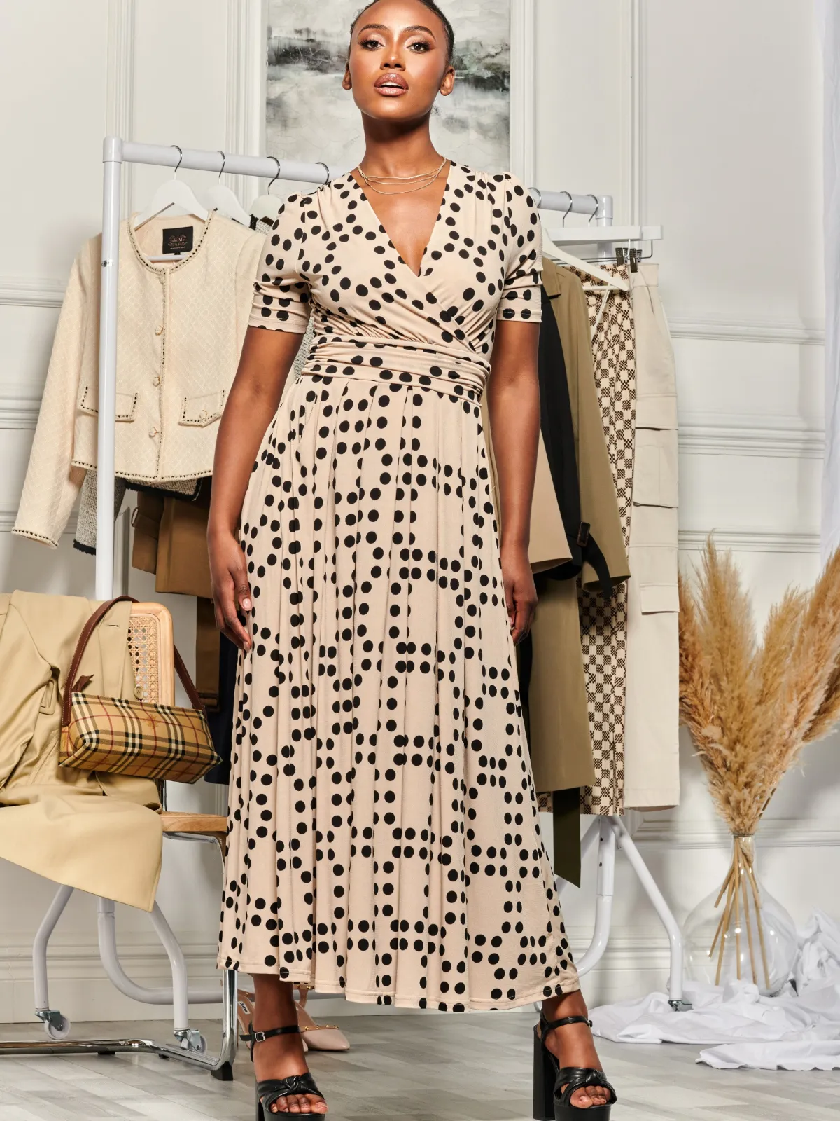 Jolie Moi Occasion Dresses|Jersey Dresses-Wrap Front Jersey Maxi Dress, Beige Spot
