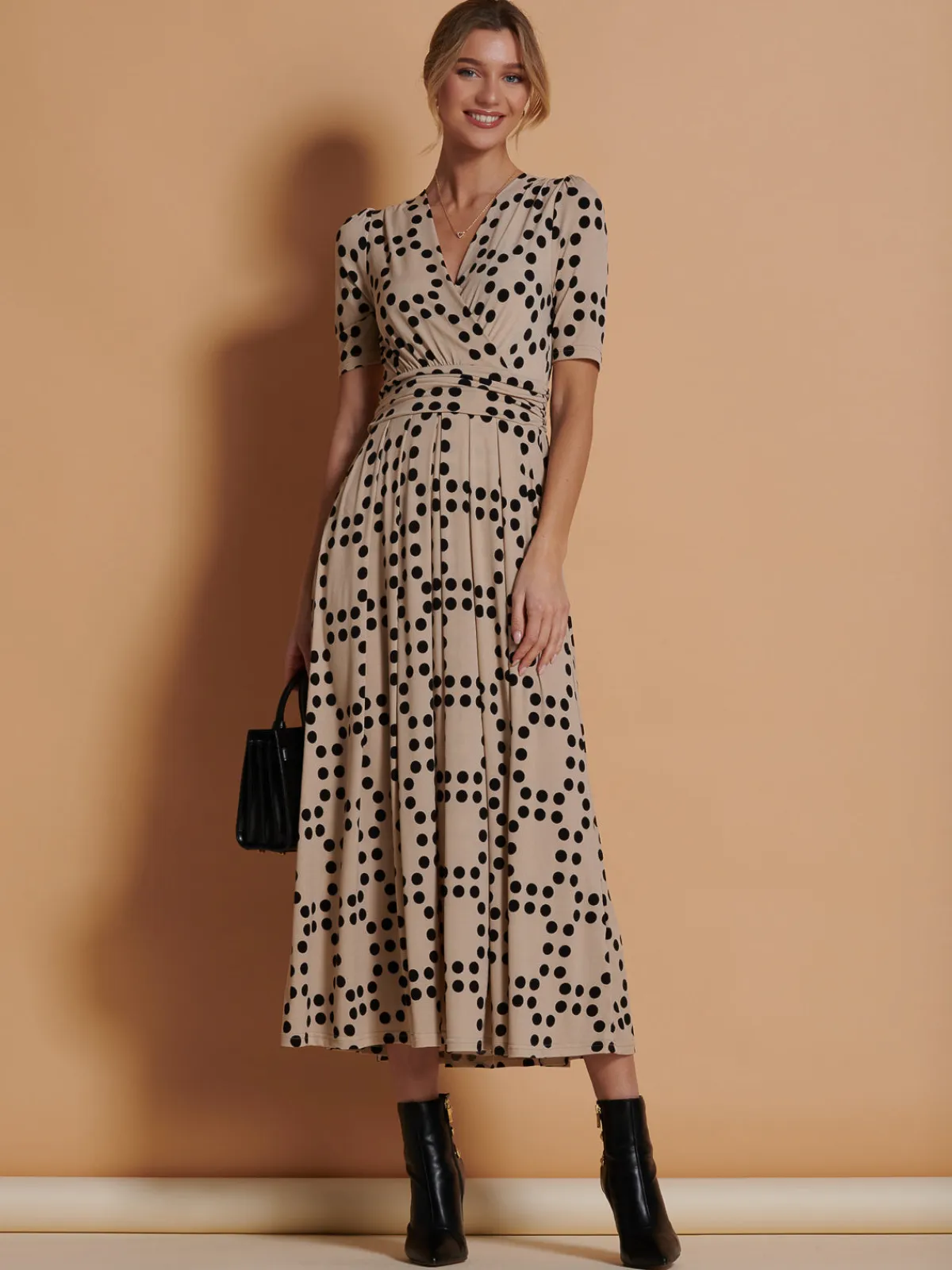 Jolie Moi Occasion Dresses|Jersey Dresses-Wrap Front Jersey Maxi Dress, Beige Spot