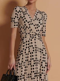 Jolie Moi Occasion Dresses|Jersey Dresses-Wrap Front Jersey Maxi Dress, Beige Spot