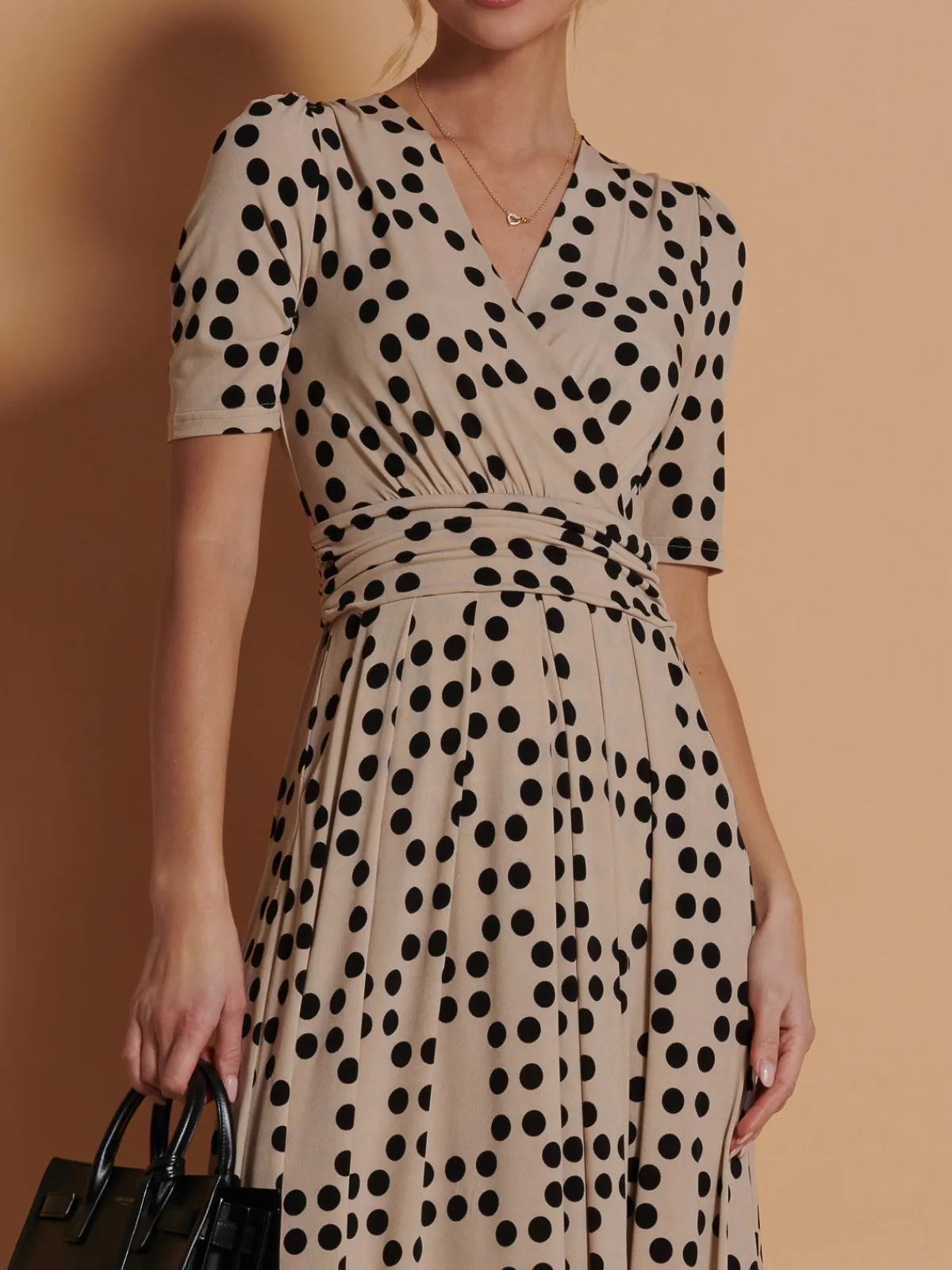 Jolie Moi Occasion Dresses|Jersey Dresses-Wrap Front Jersey Maxi Dress, Beige Spot