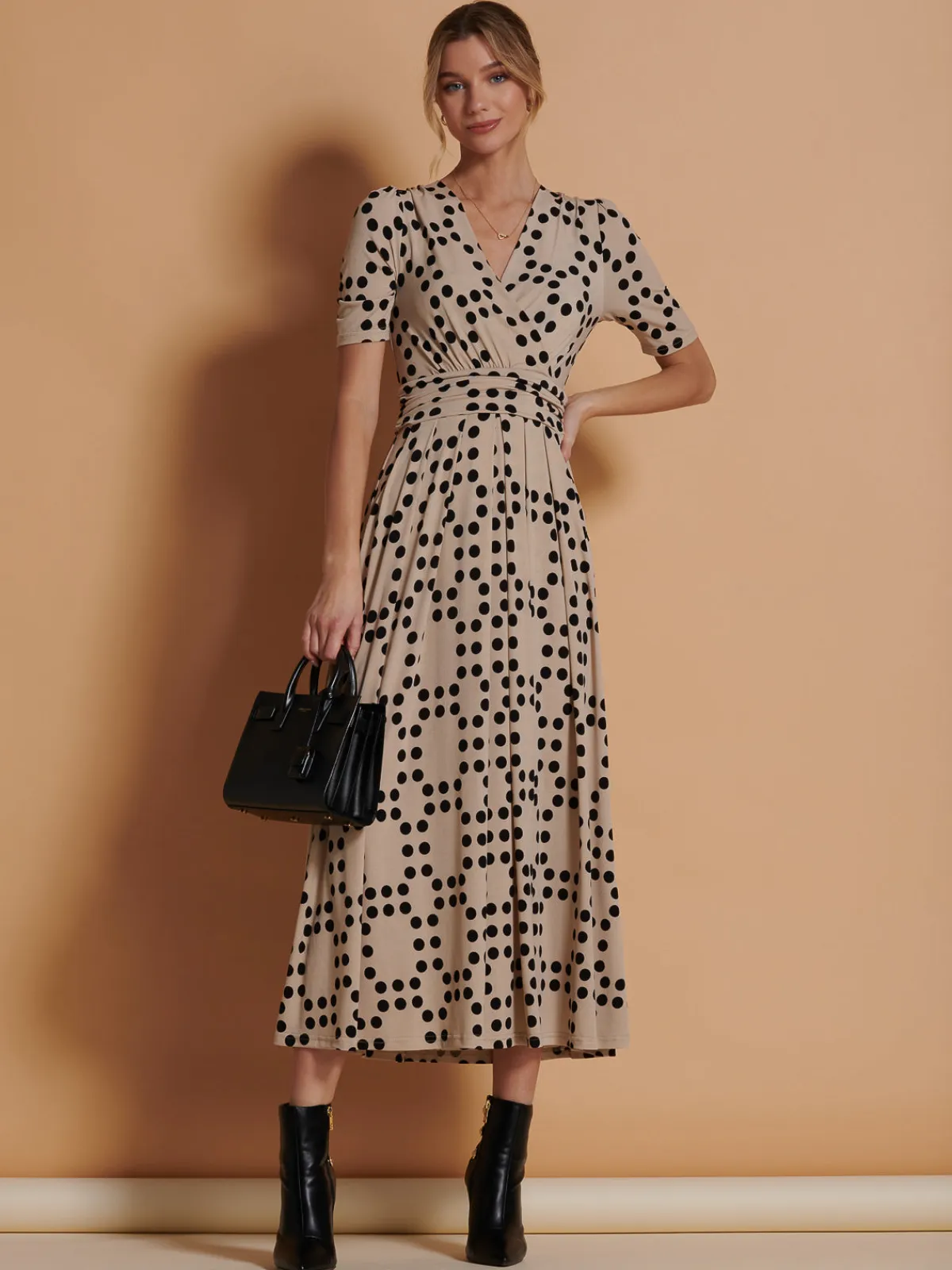 Jolie Moi Occasion Dresses|Jersey Dresses-Wrap Front Jersey Maxi Dress, Beige Spot