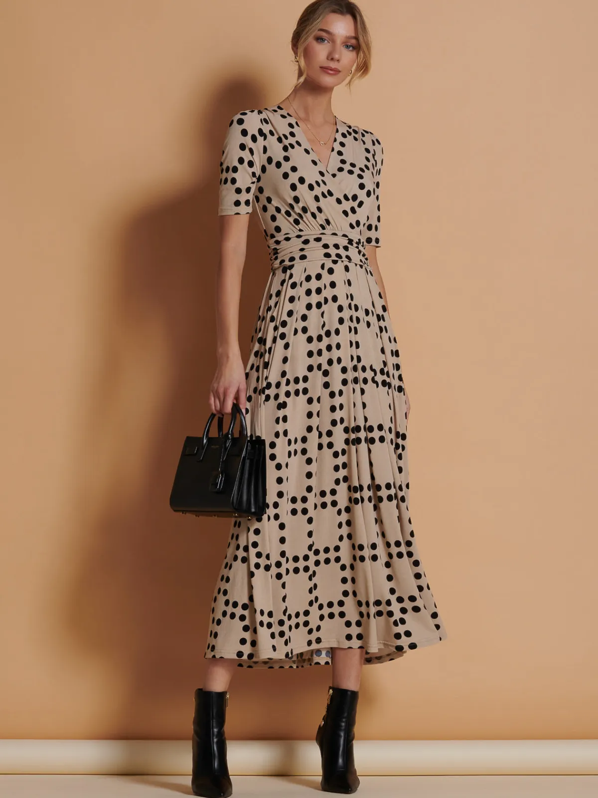 Jolie Moi Occasion Dresses|Jersey Dresses-Wrap Front Jersey Maxi Dress, Beige Spot