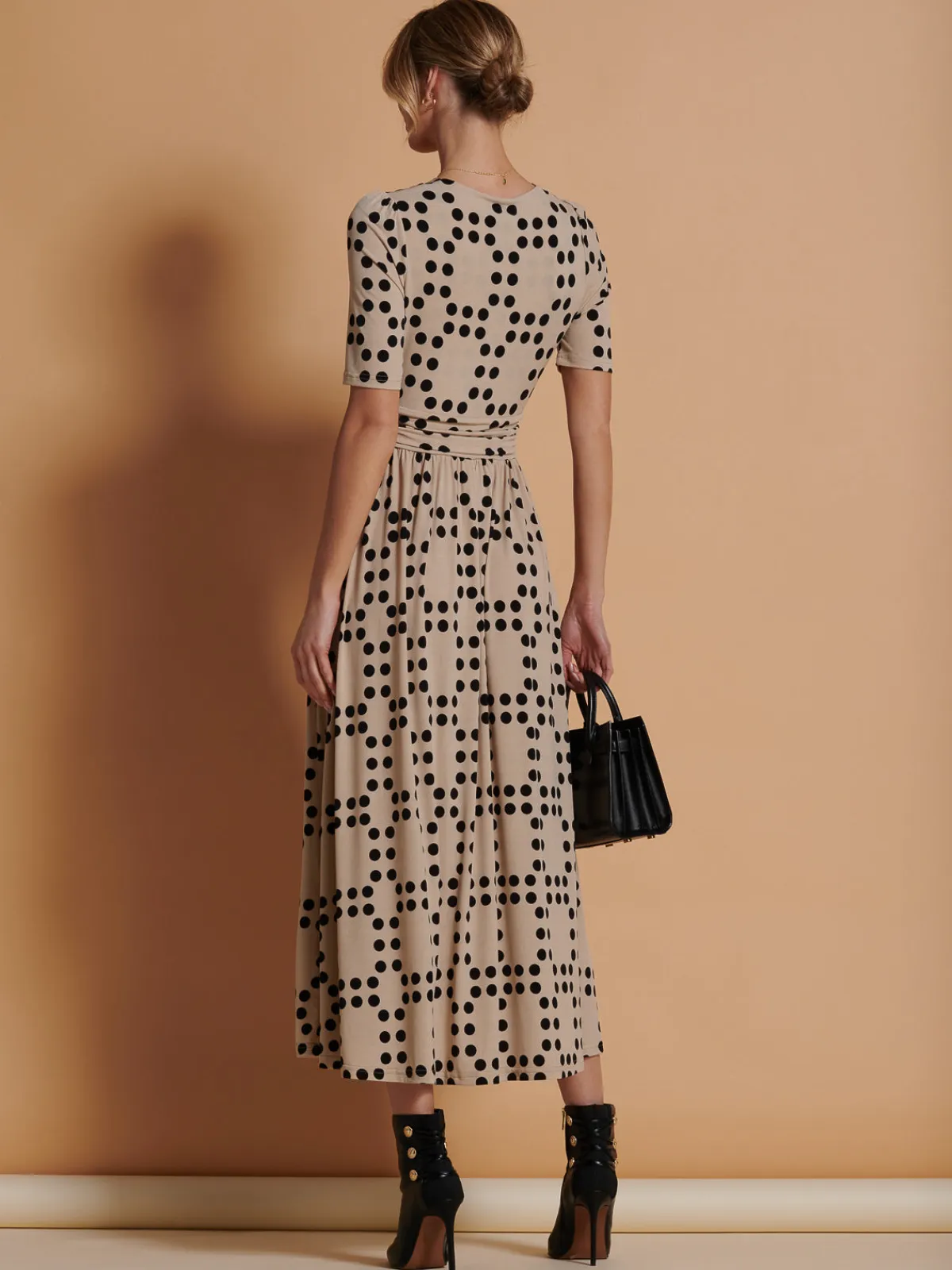 Jolie Moi Occasion Dresses|Jersey Dresses-Wrap Front Jersey Maxi Dress, Beige Spot