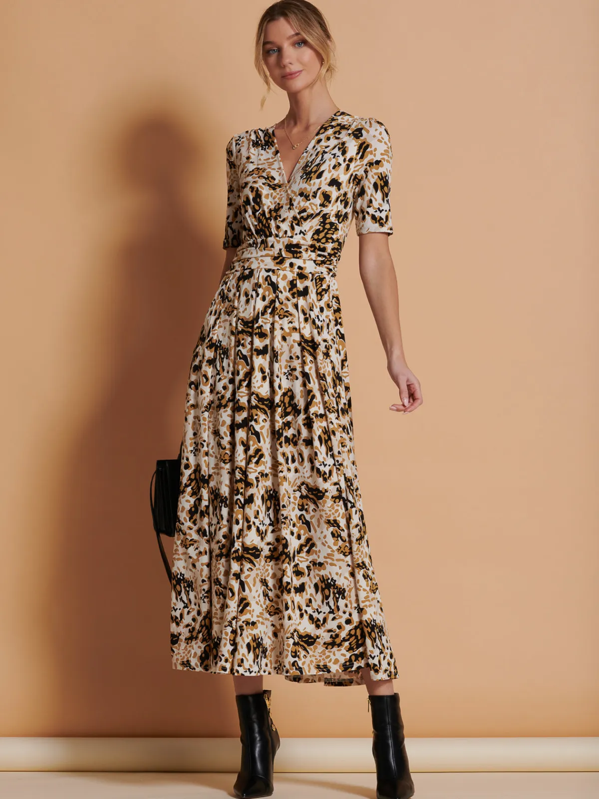 Jolie Moi Occasion Dresses|Jersey Dresses-Wrap Front Jersey Maxi Dress, Cream Animal