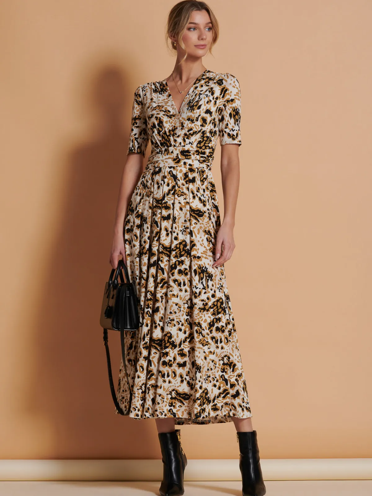 Jolie Moi Occasion Dresses|Jersey Dresses-Wrap Front Jersey Maxi Dress, Cream Animal