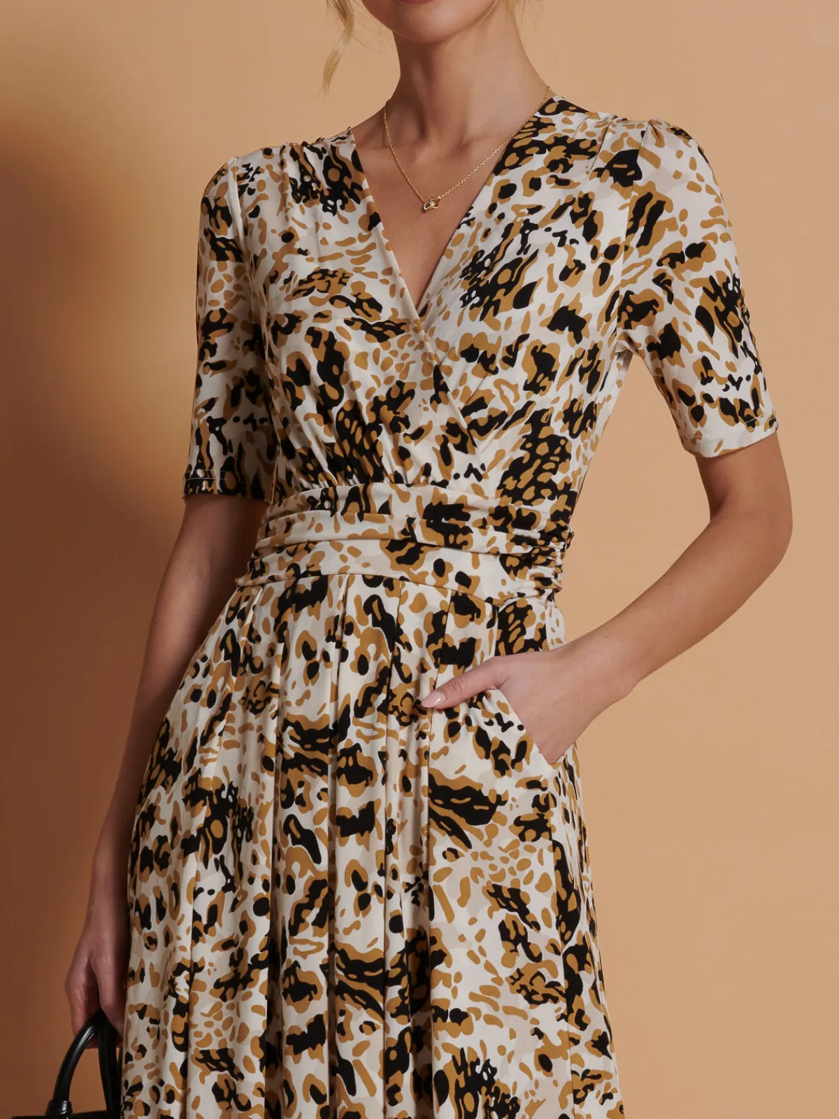 Jolie Moi Occasion Dresses|Jersey Dresses-Wrap Front Jersey Maxi Dress, Cream Animal