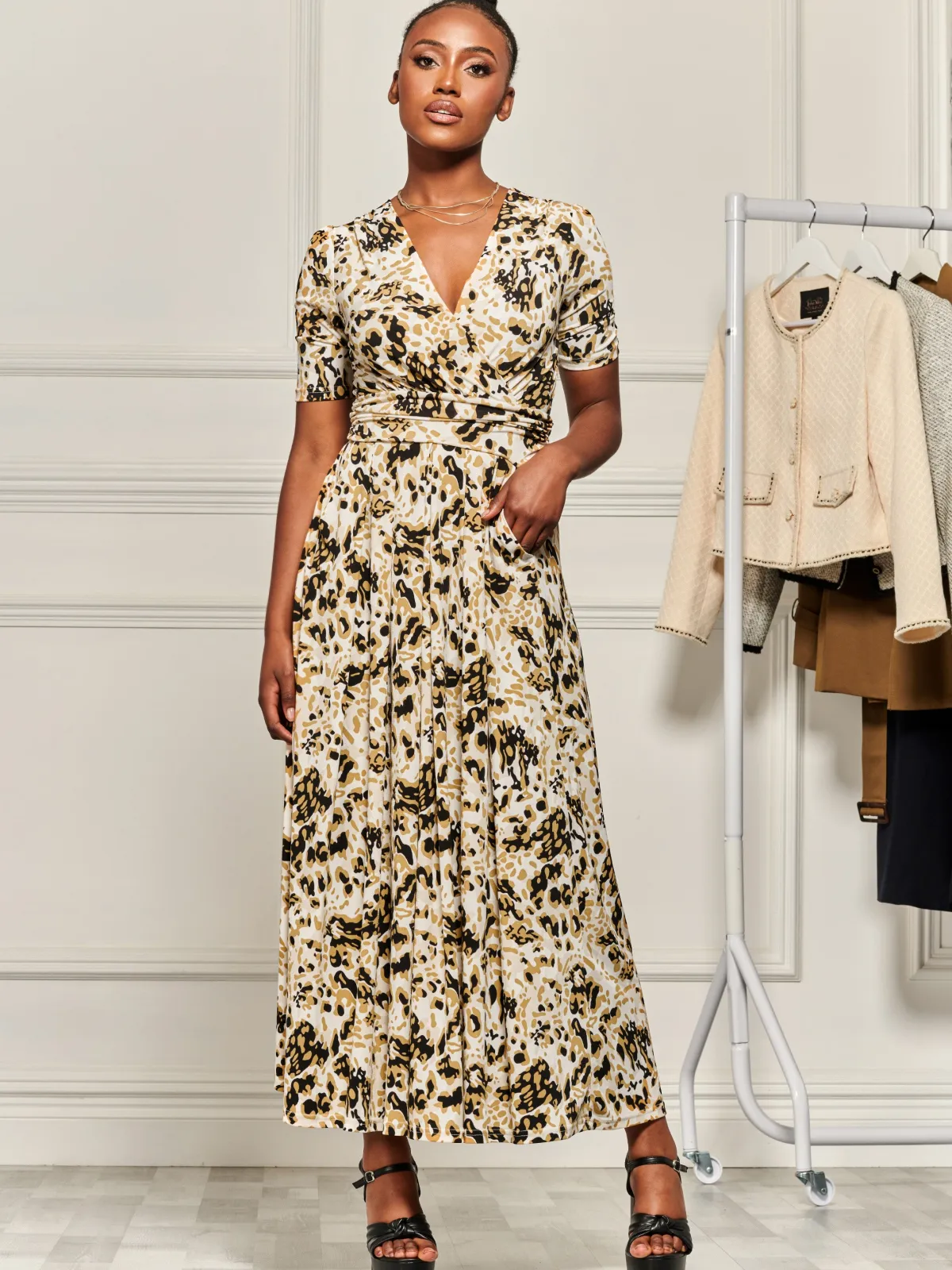 Jolie Moi Occasion Dresses|Jersey Dresses-Wrap Front Jersey Maxi Dress, Cream Animal