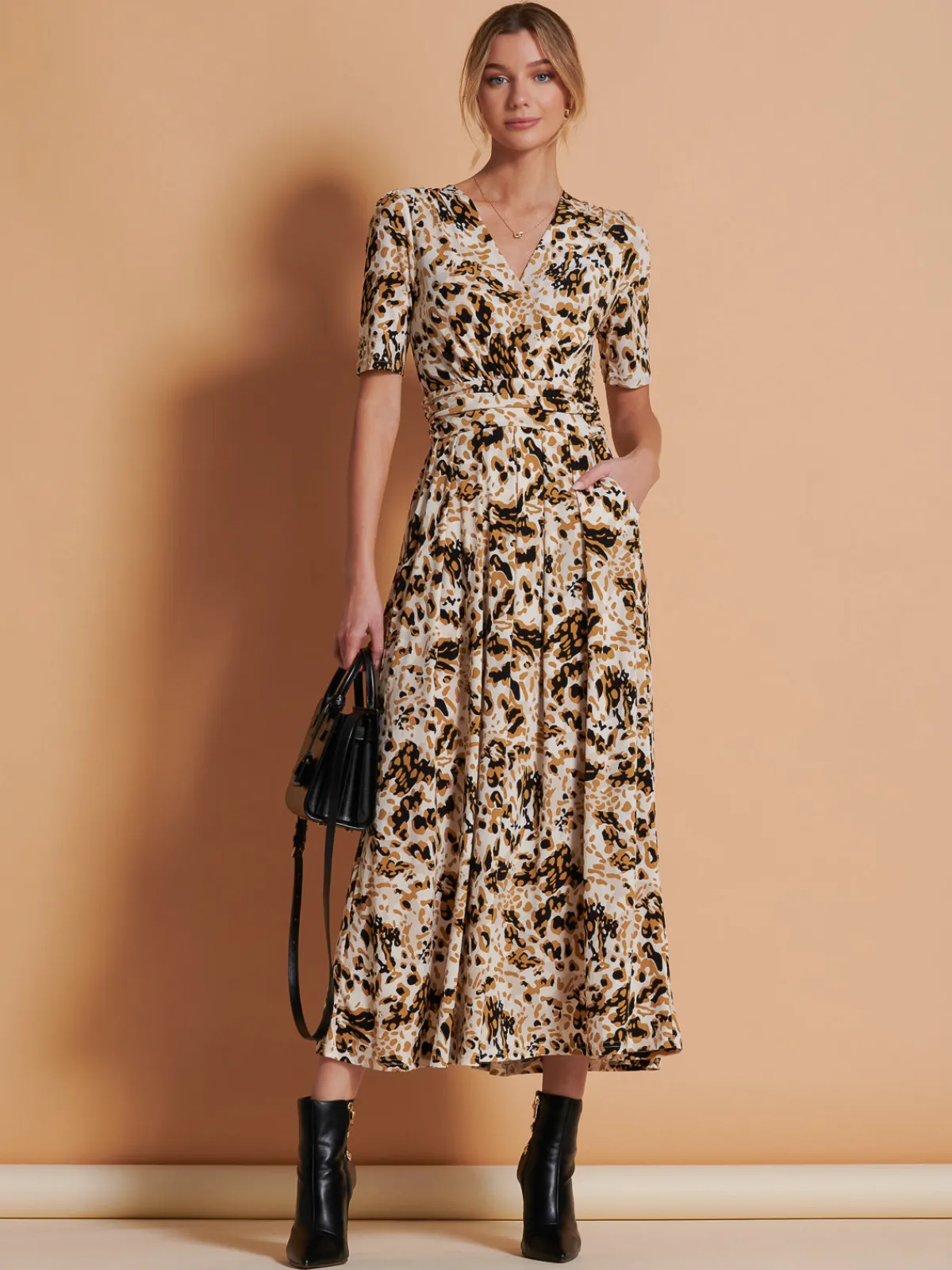 Jolie Moi Occasion Dresses|Jersey Dresses-Wrap Front Jersey Maxi Dress, Cream Animal
