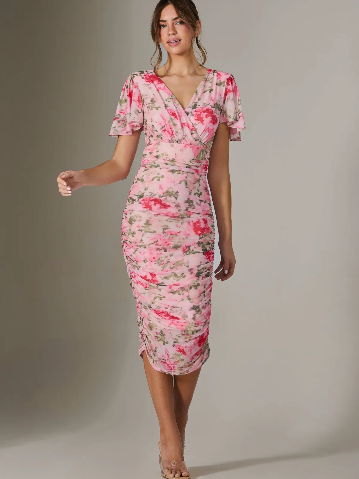 Jolie Moi Occasion Dresses|Floral Dresses-Wrap Front Mesh Bodycon Dress, Coral Multi