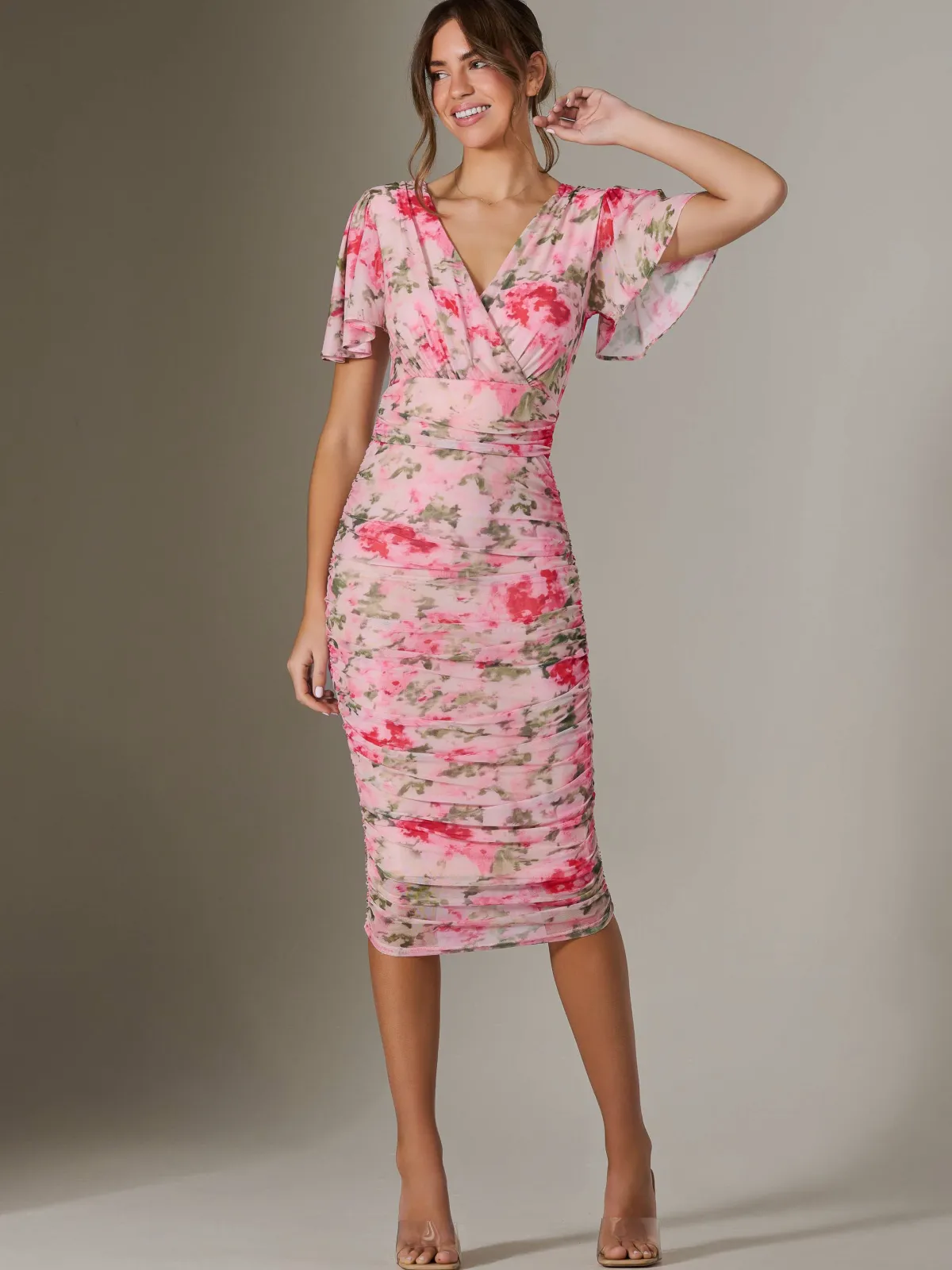 Jolie Moi Occasion Dresses|Floral Dresses-Wrap Front Mesh Bodycon Dress, Coral Multi