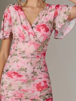 Jolie Moi Occasion Dresses|Floral Dresses-Wrap Front Mesh Bodycon Dress, Coral Multi