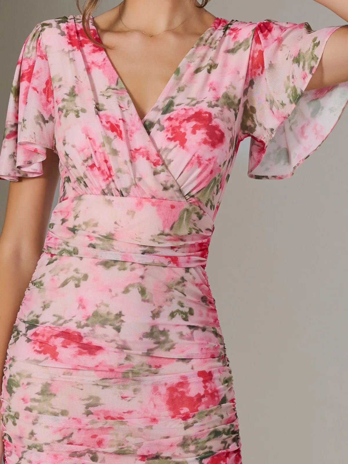 Jolie Moi Occasion Dresses|Floral Dresses-Wrap Front Mesh Bodycon Dress, Coral Multi