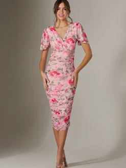 Jolie Moi Occasion Dresses|Floral Dresses-Wrap Front Mesh Bodycon Dress, Coral Multi