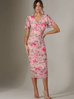 Jolie Moi Occasion Dresses|Floral Dresses-Wrap Front Mesh Bodycon Dress, Coral Multi