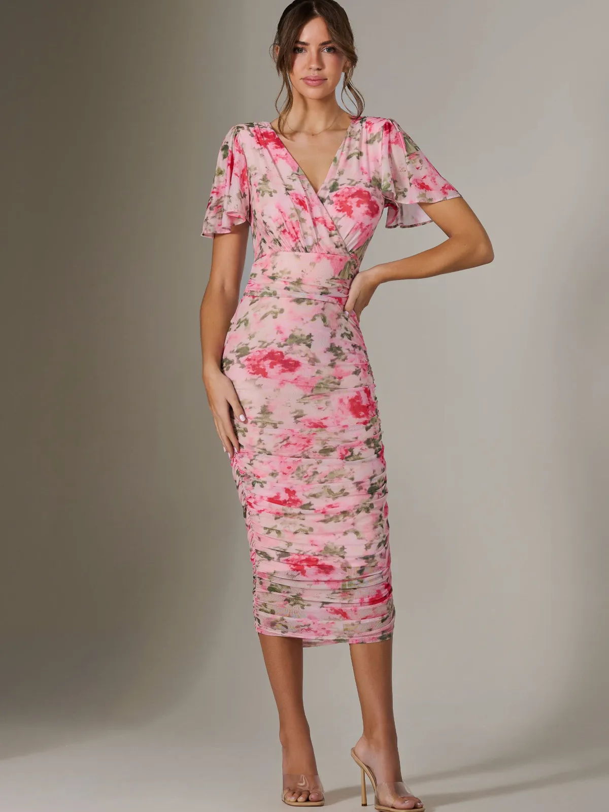 Jolie Moi Occasion Dresses|Floral Dresses-Wrap Front Mesh Bodycon Dress, Coral Multi