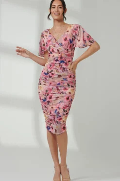 Jolie Moi Occasion Dresses|Floral Dresses-Wrap Front Mesh Bodycon Dress, Pink Floral