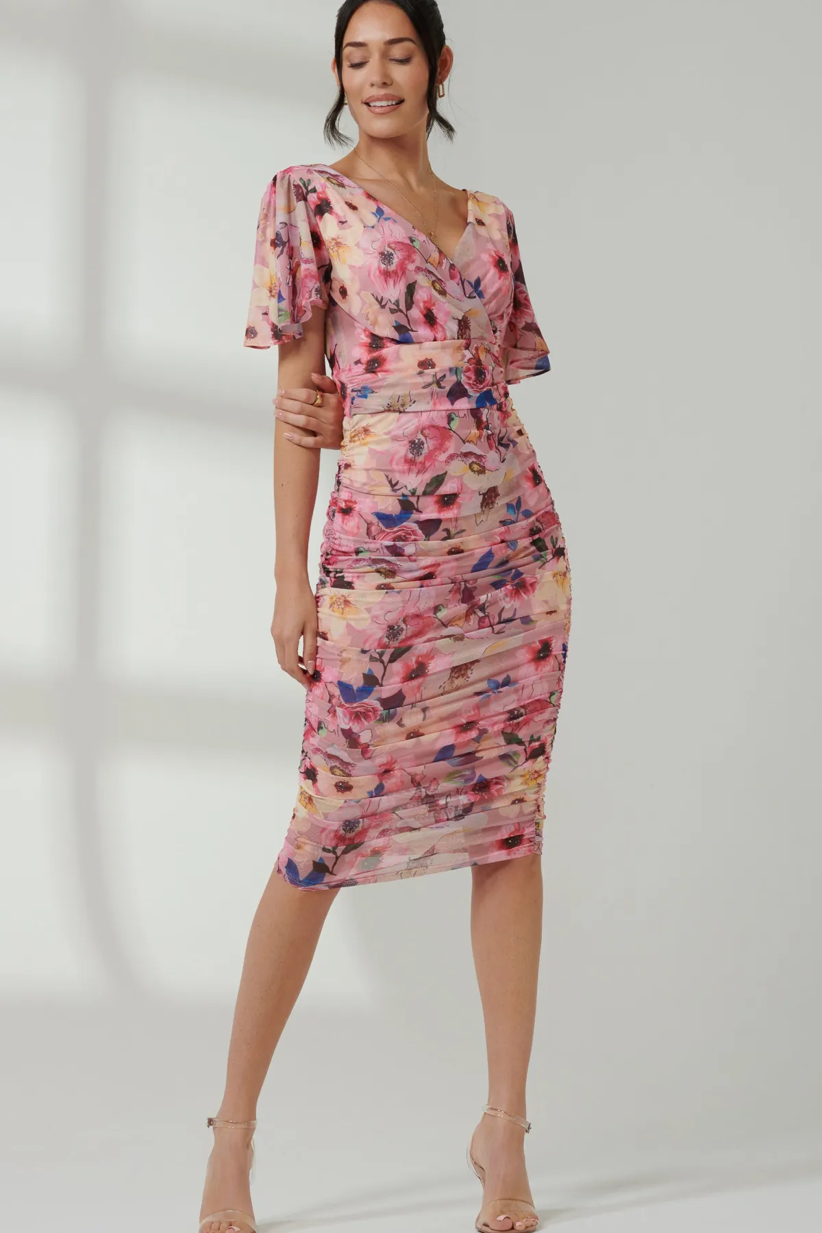 Jolie Moi Occasion Dresses|Floral Dresses-Wrap Front Mesh Bodycon Dress, Pink Floral