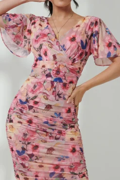 Jolie Moi Occasion Dresses|Floral Dresses-Wrap Front Mesh Bodycon Dress, Pink Floral