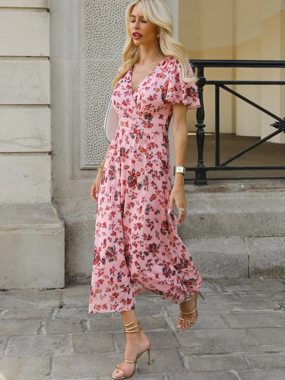 Jolie Moi Occasion Dresses|Floral Dresses-Wrap Front Mesh Maxi Dress, Coral Multi