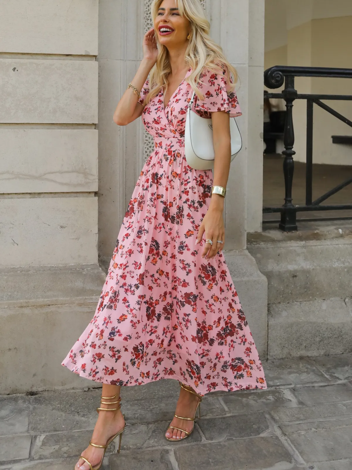 Jolie Moi Occasion Dresses|Floral Dresses-Wrap Front Mesh Maxi Dress, Coral Multi