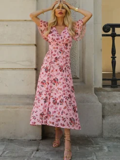 Jolie Moi Occasion Dresses|Floral Dresses-Wrap Front Mesh Maxi Dress, Coral Multi