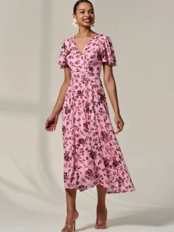 Jolie Moi Occasion Dresses|Floral Dresses-Wrap Front Mesh Maxi Dress, Coral Multi