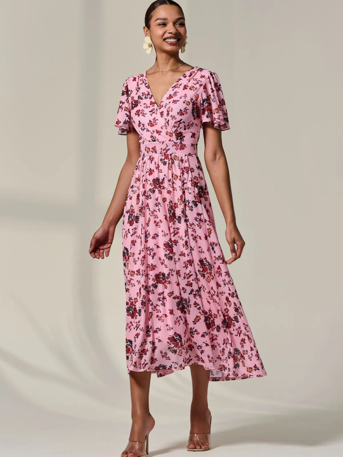 Jolie Moi Occasion Dresses|Floral Dresses-Wrap Front Mesh Maxi Dress, Coral Multi