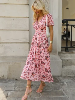 Jolie Moi Occasion Dresses|Floral Dresses-Wrap Front Mesh Maxi Dress, Coral Multi