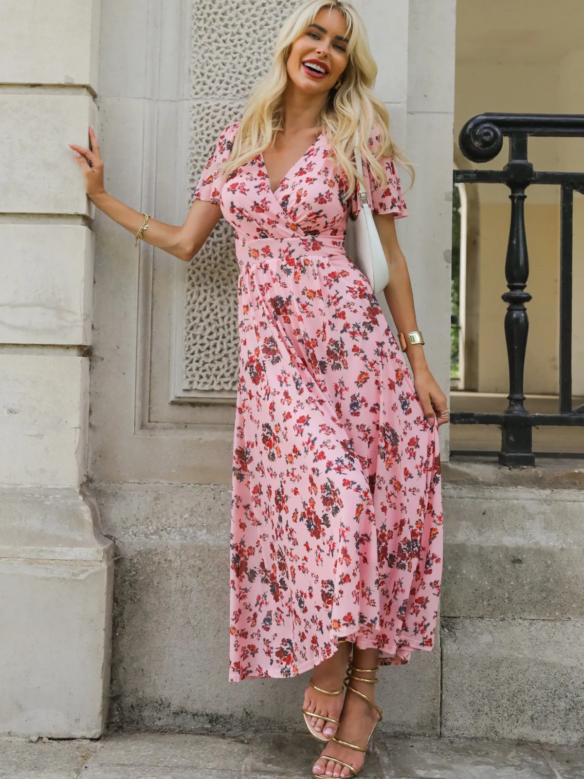 Jolie Moi Occasion Dresses|Floral Dresses-Wrap Front Mesh Maxi Dress, Coral Multi
