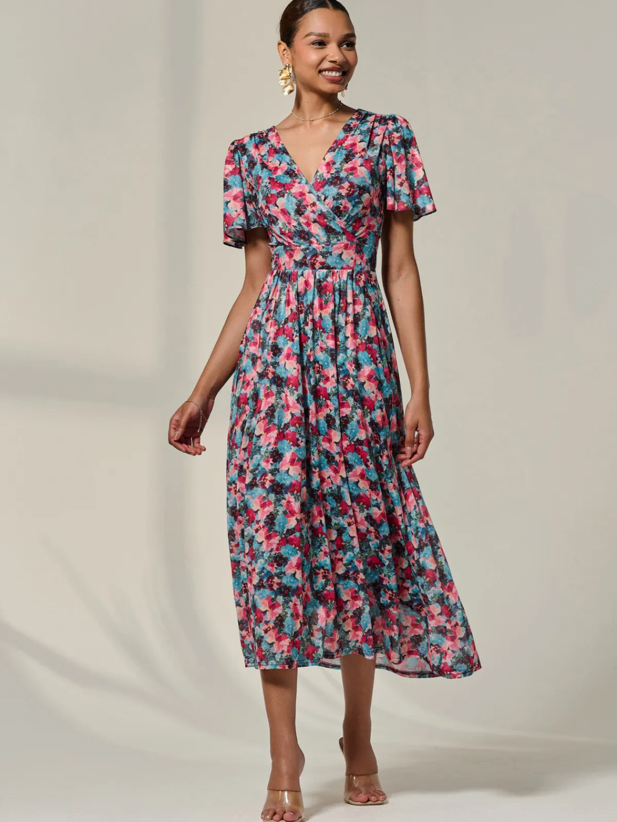 Jolie Moi Occasion Dresses|Floral Dresses-Wrap Front Mesh Maxi Dress, Teal Multi
