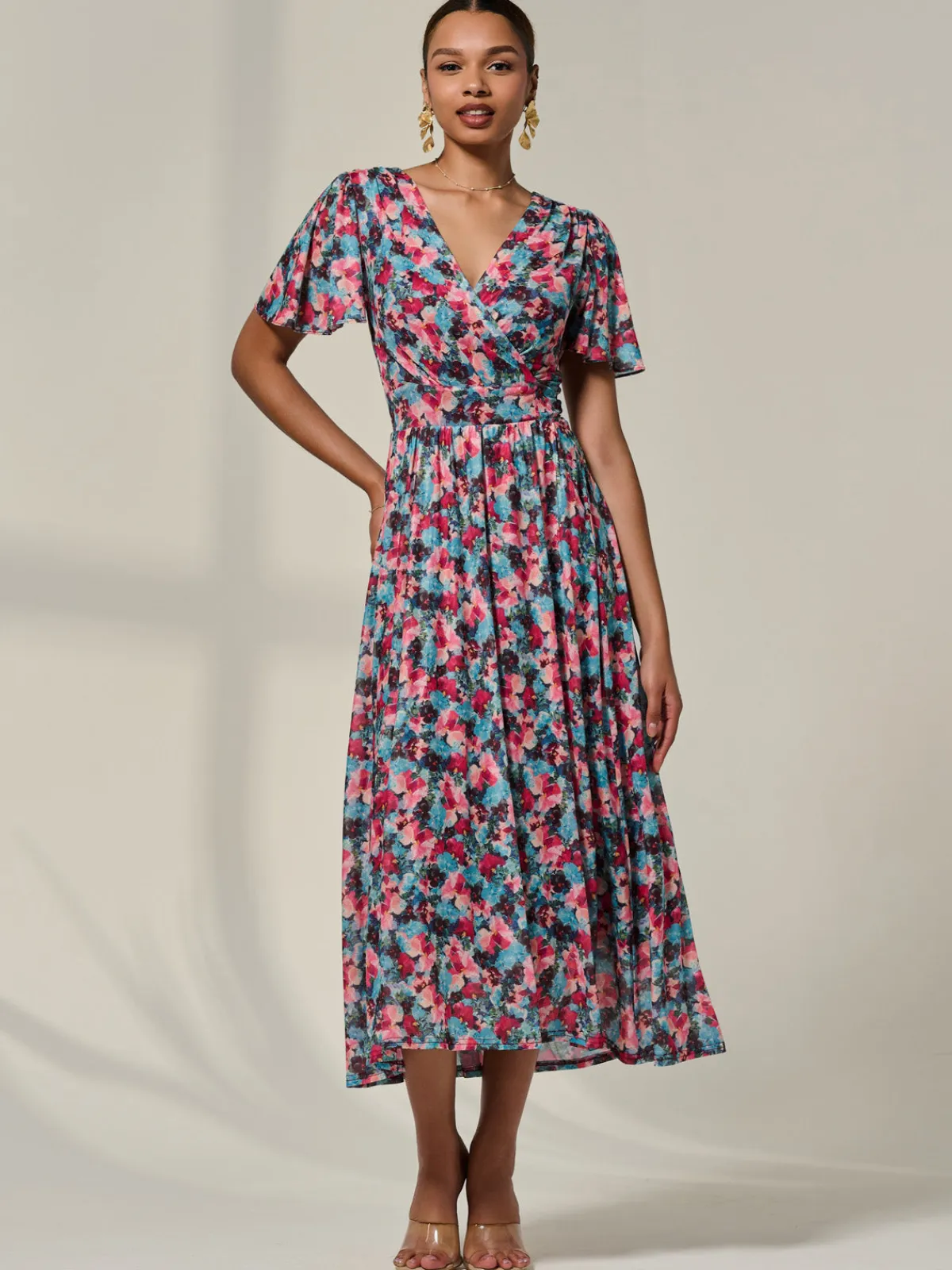 Jolie Moi Occasion Dresses|Floral Dresses-Wrap Front Mesh Maxi Dress, Teal Multi