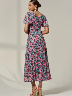 Jolie Moi Occasion Dresses|Floral Dresses-Wrap Front Mesh Maxi Dress, Teal Multi
