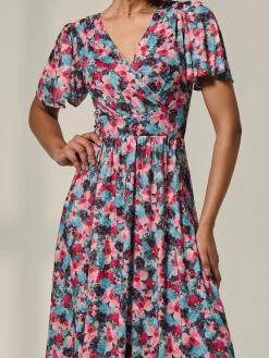 Jolie Moi Occasion Dresses|Floral Dresses-Wrap Front Mesh Maxi Dress, Teal Multi